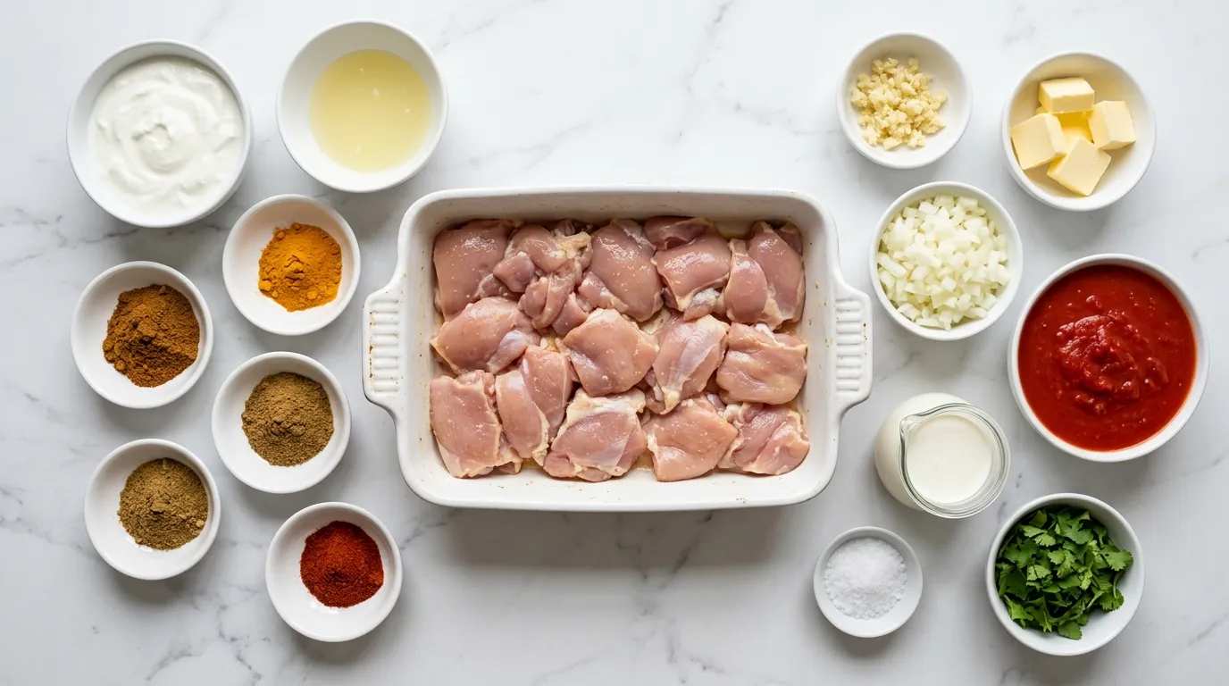 Ingredients for Rich Butter Chicken with Spices and Cream