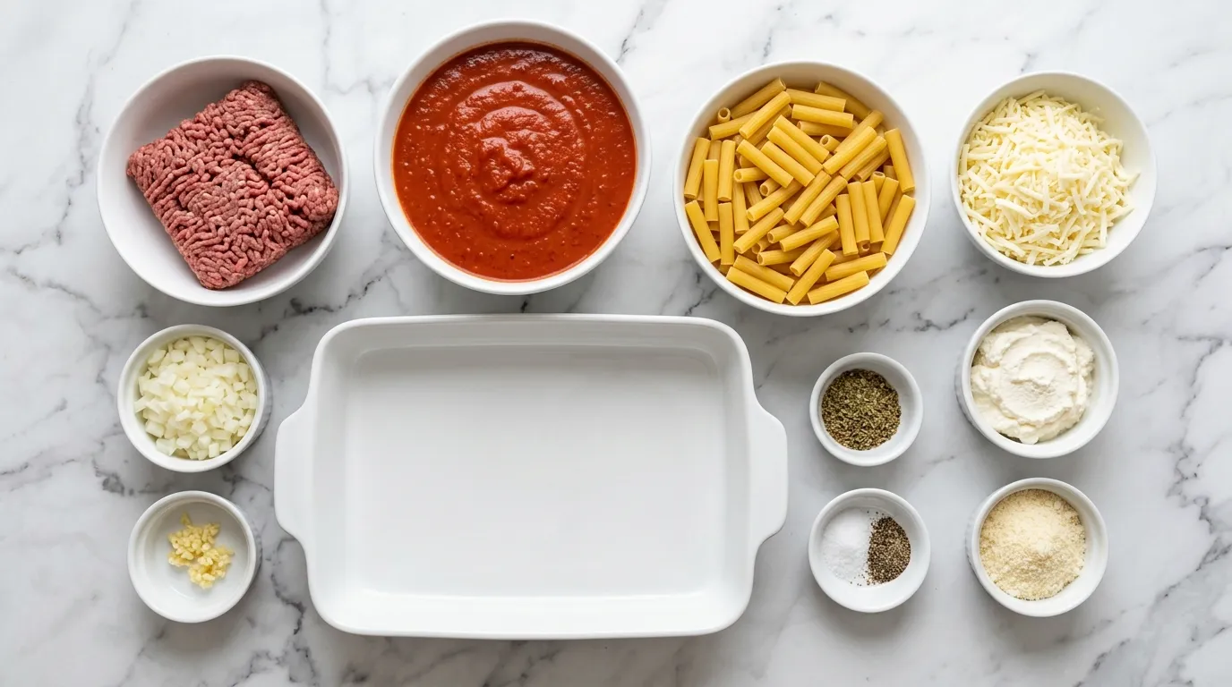Ingredients for Comforting Baked Ziti Pasta for Family Dinners