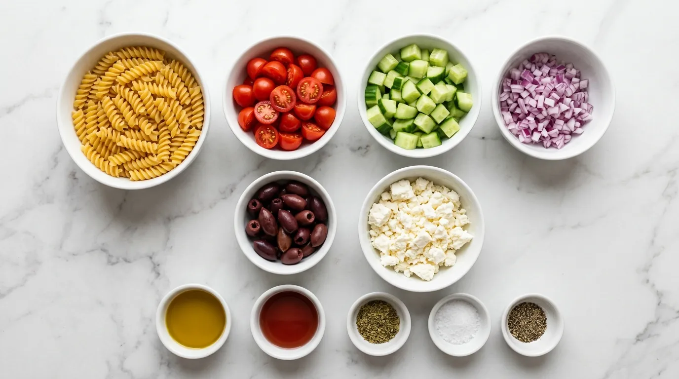 Ingredients for Mediterranean Pasta Salad with Feta and Olives