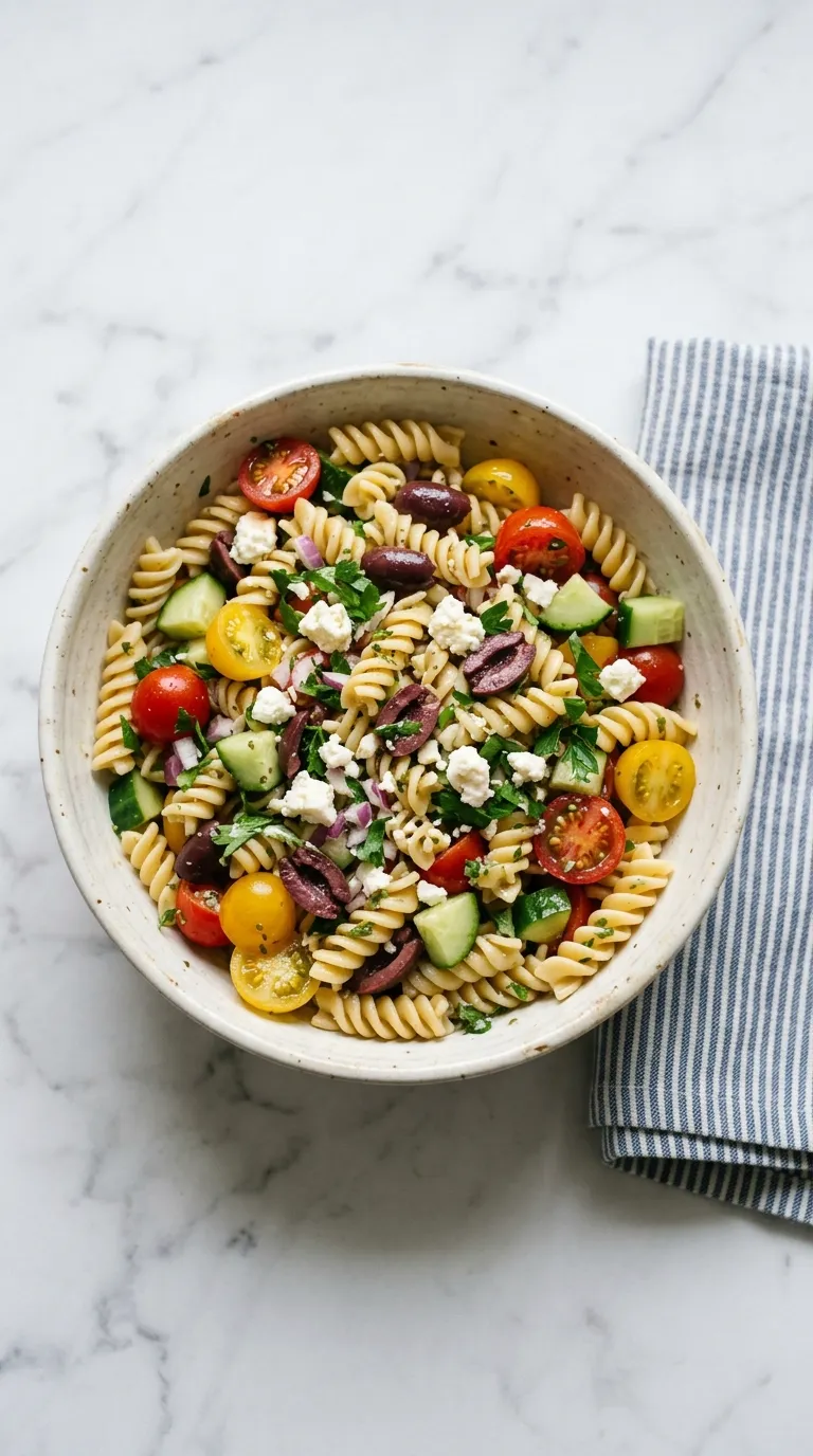 Mediterranean Pasta Salad with Feta and Olives served