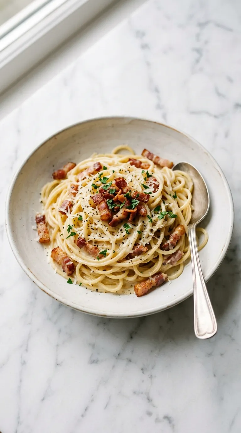 Creamy Pasta Carbonara with Crispy Bacon served
