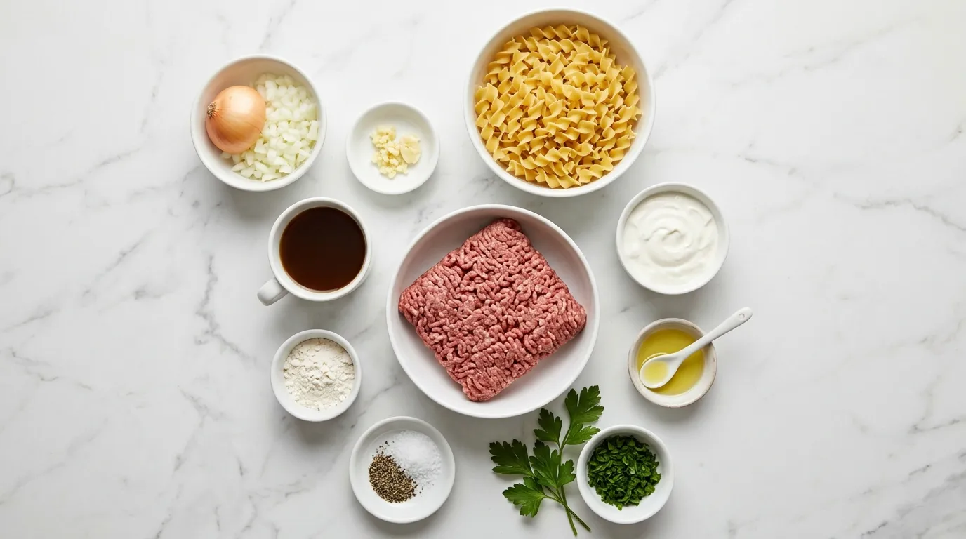 Ingredients for Creamy Ground Beef Stroganoff over Egg Noodles