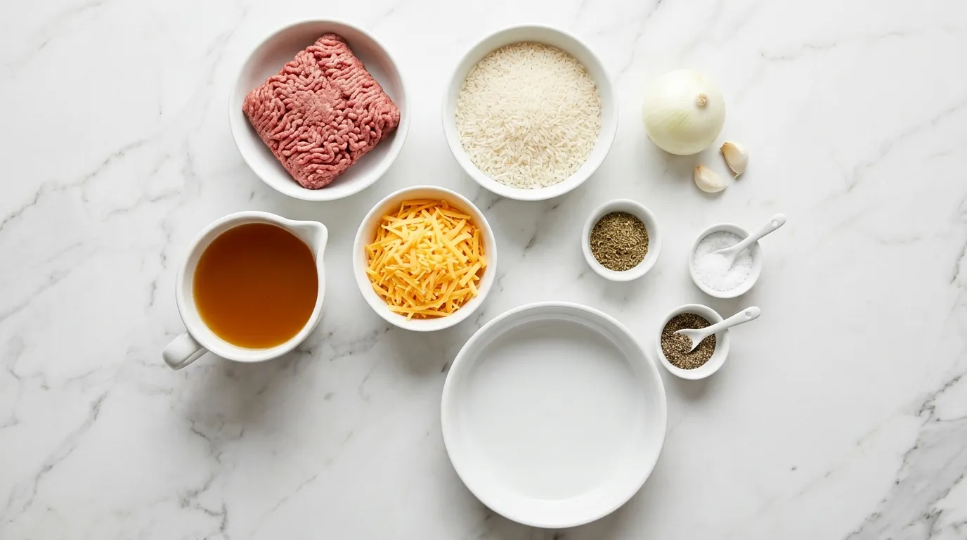 Ingredients for One-Pot Cheesy Ground Beef and Rice Skillet