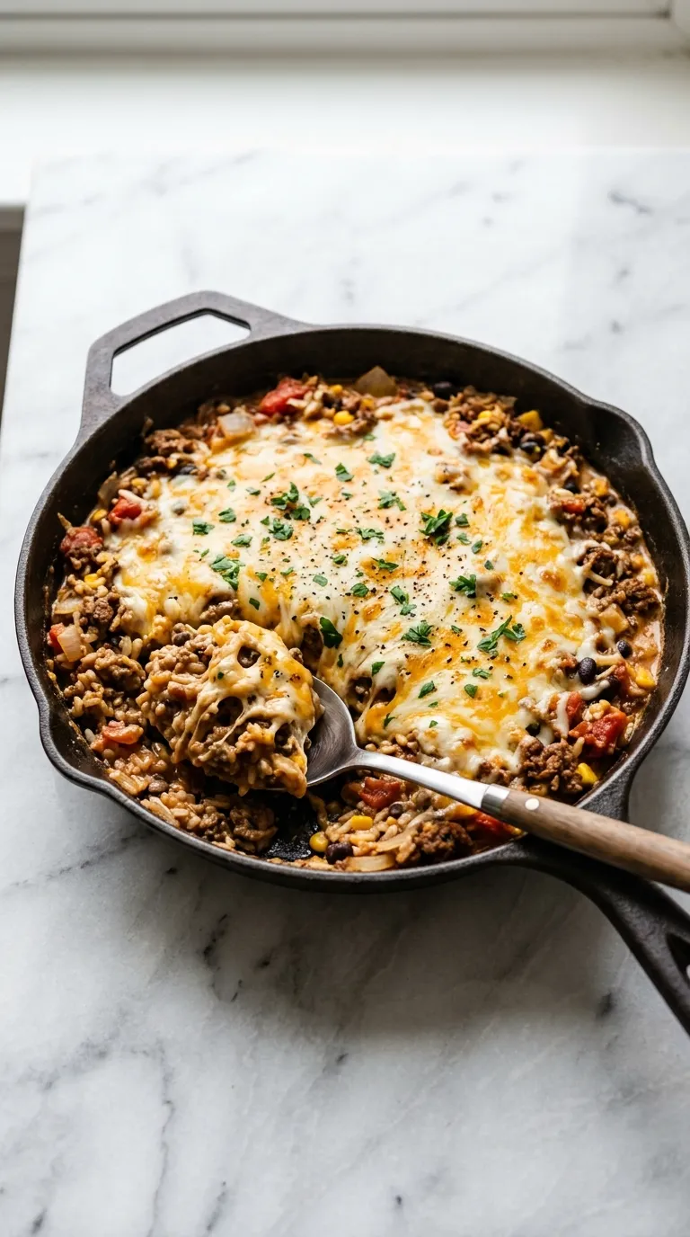 One-Pot Cheesy Ground Beef and Rice Skillet served