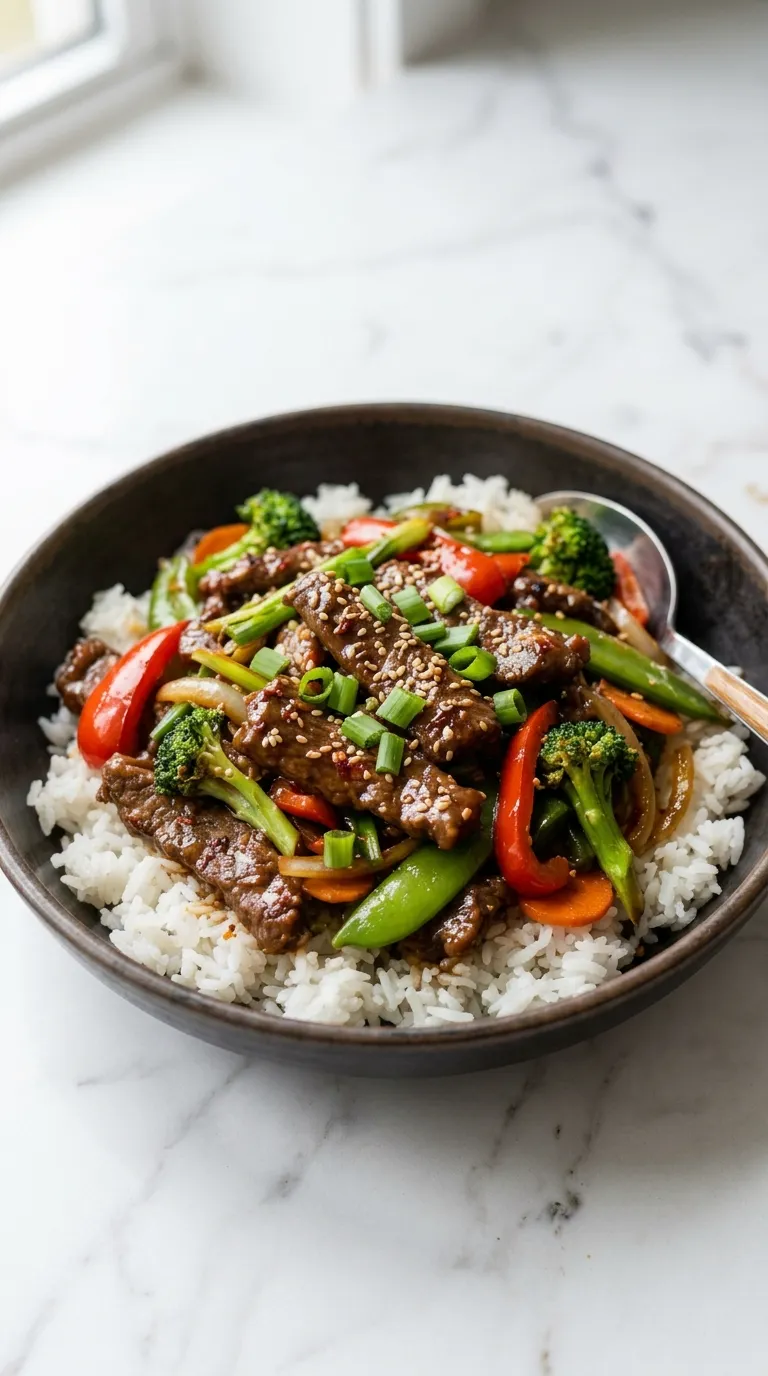 Sweet and Spicy Mongolian Beef Stir-Fry served