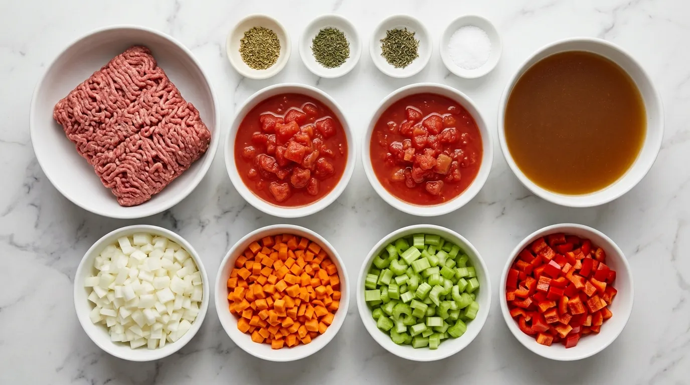 Ingredients for Healthy Ground Beef Vegetable Soup for Comfort