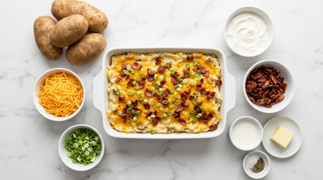 Ingredients for Twice Baked Potato Casserole with Cheese and Bacon