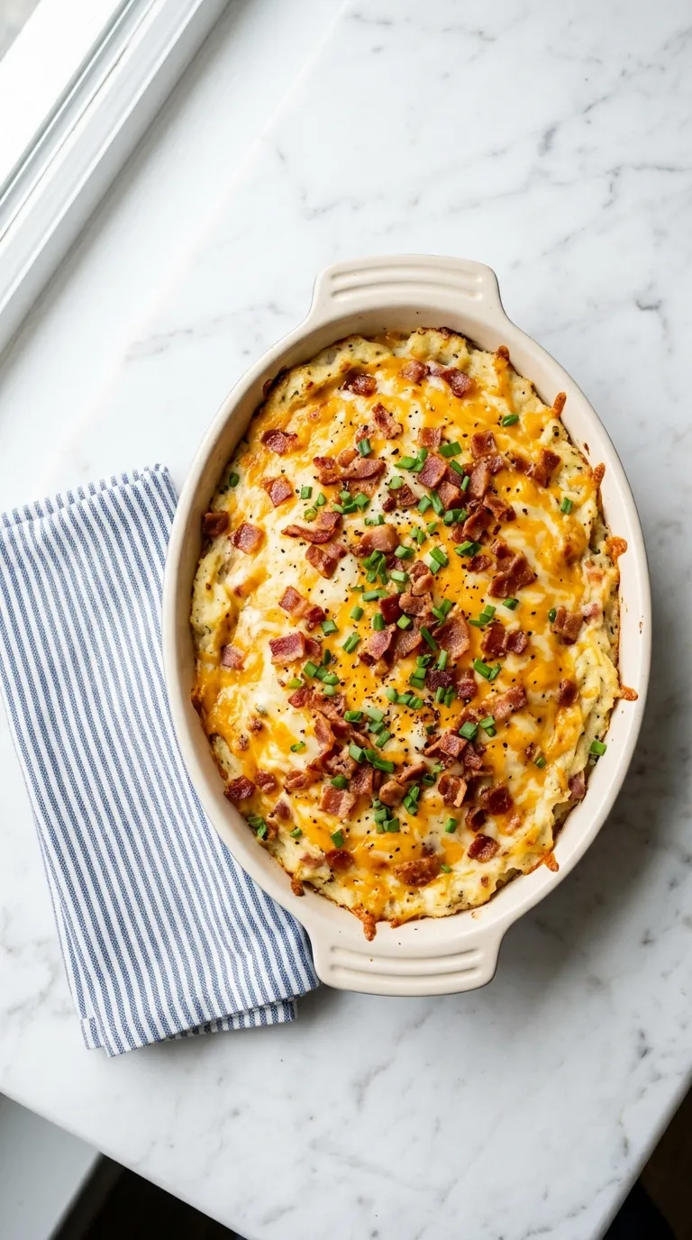 Twice Baked Potato Casserole with Cheese and Bacon served