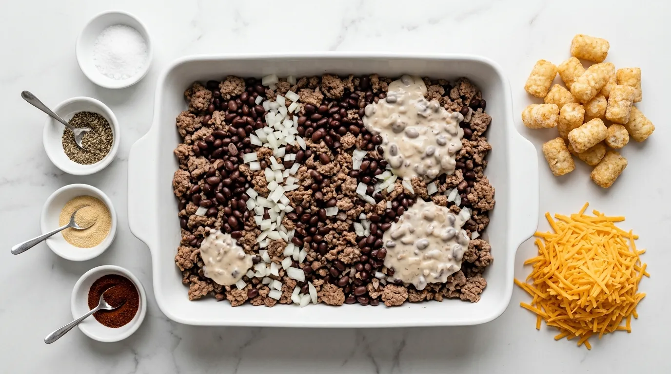 Ingredients for Hearty Cowboy Casserole with Beef and Tater Tots