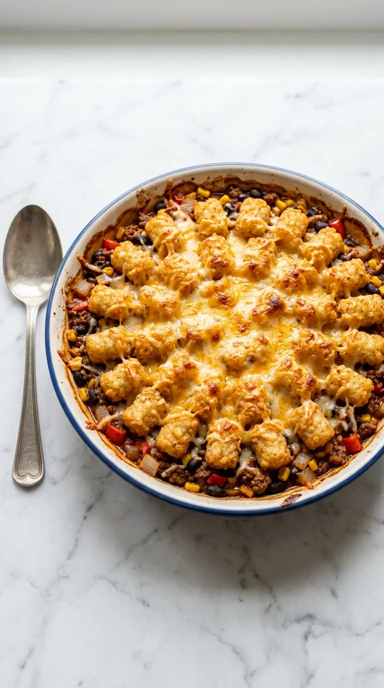 Hearty Cowboy Casserole with Beef and Tater Tots served