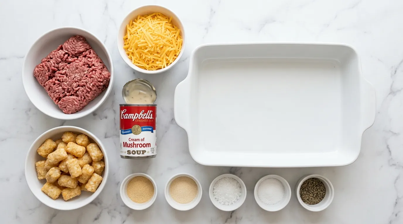 Ingredients for Cheesy Tatertot Casserole with Ground Beef