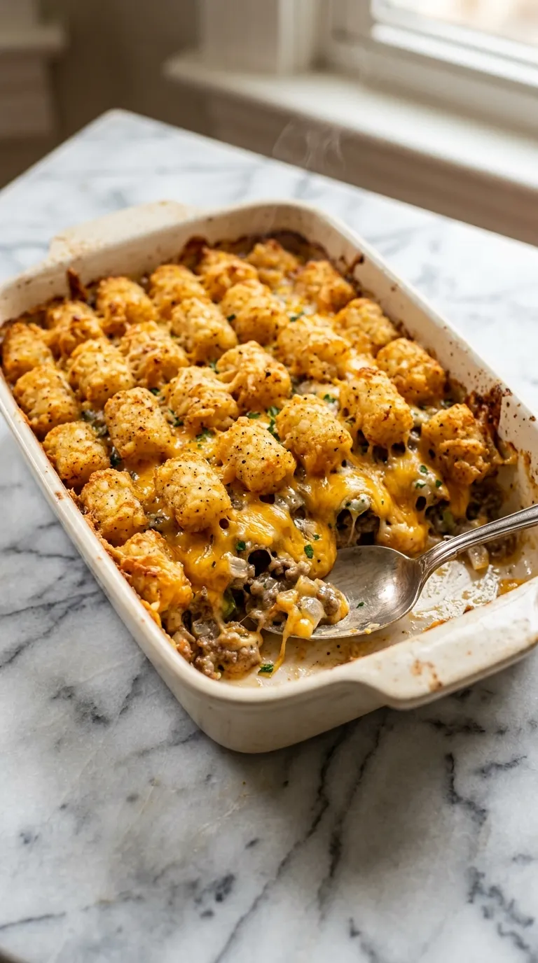 Cheesy Tatertot Casserole with Ground Beef served