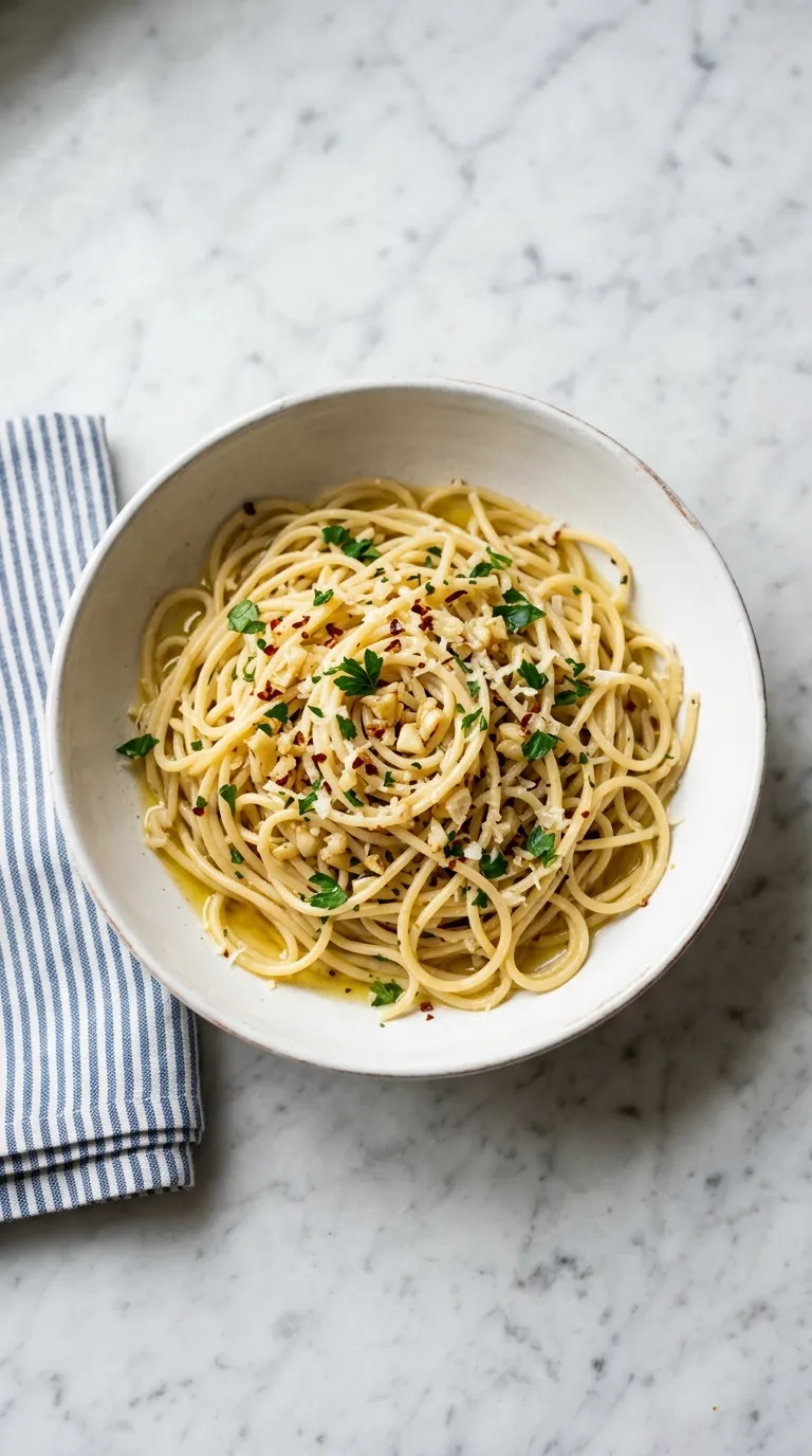 One Pot Spaghetti with Garlic and Olive Oil served