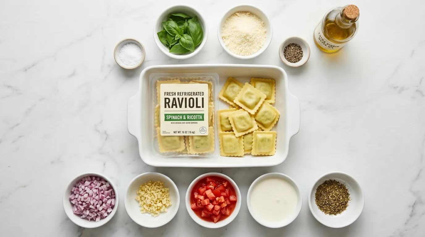 Ingredients for One Pot Ravioli in Creamy Tomato Sauce
