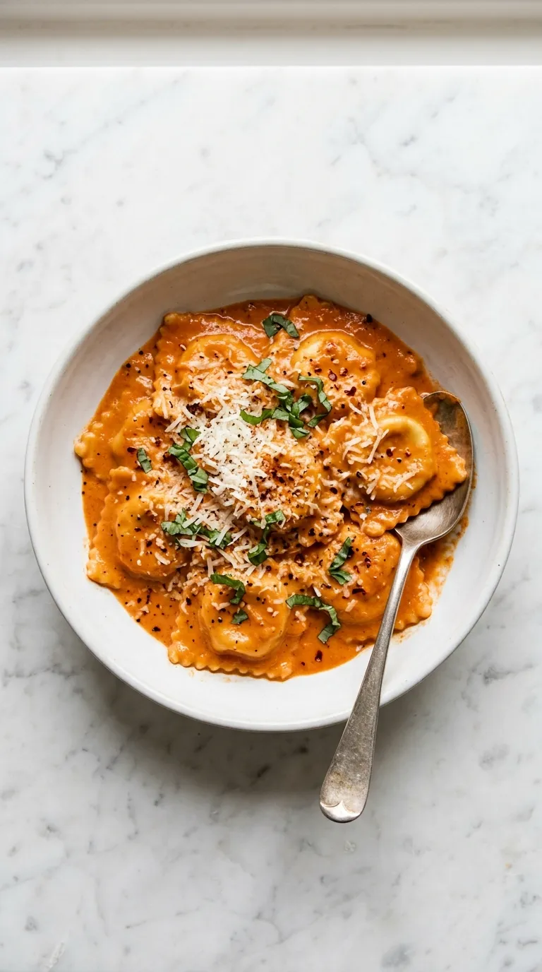 One Pot Ravioli in Creamy Tomato Sauce served