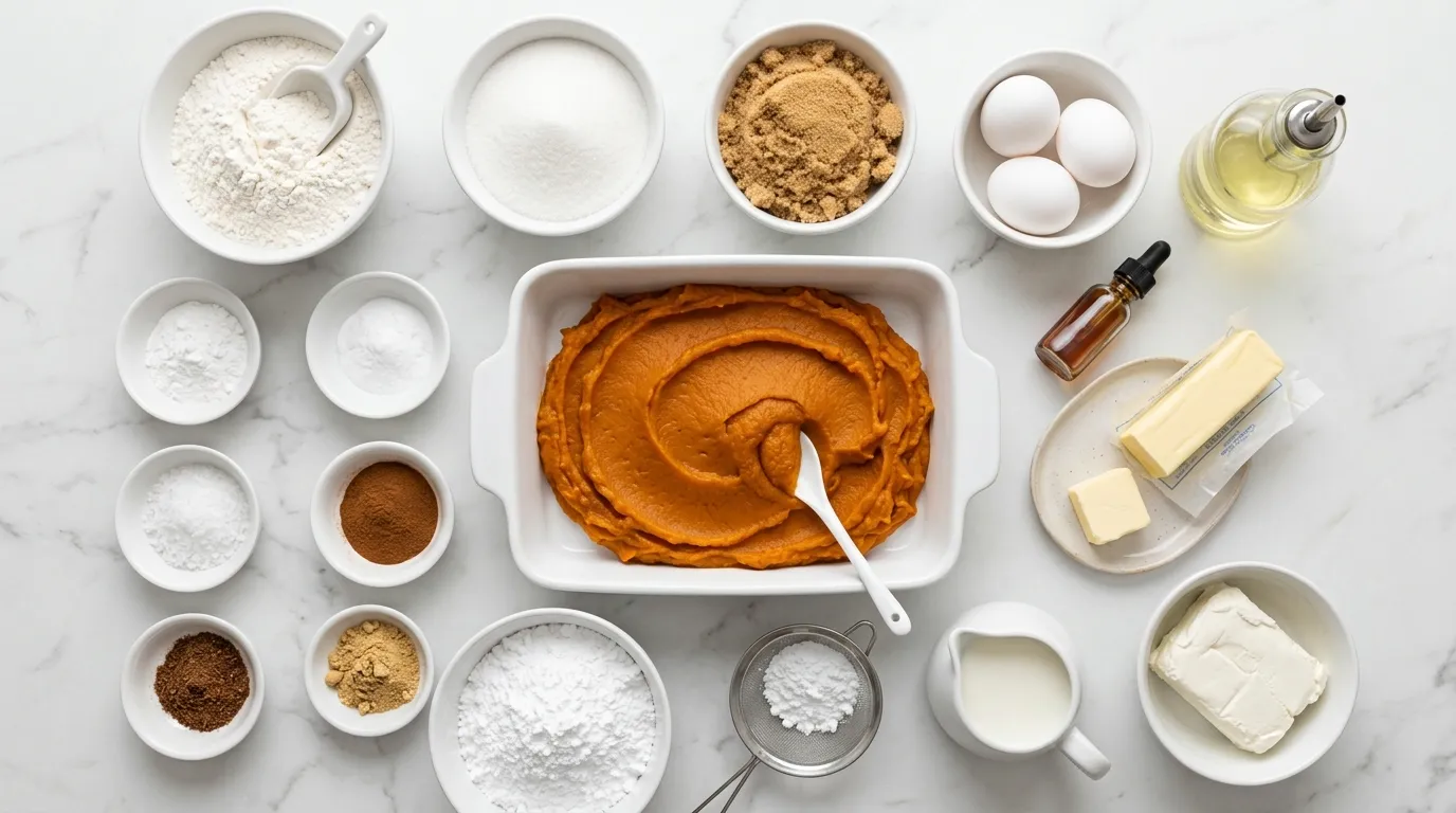 Ingredients for Moist Pumpkin Bars with Cream Cheese Frosting