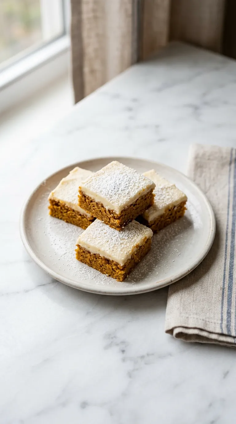 Moist Pumpkin Bars with Cream Cheese Frosting served