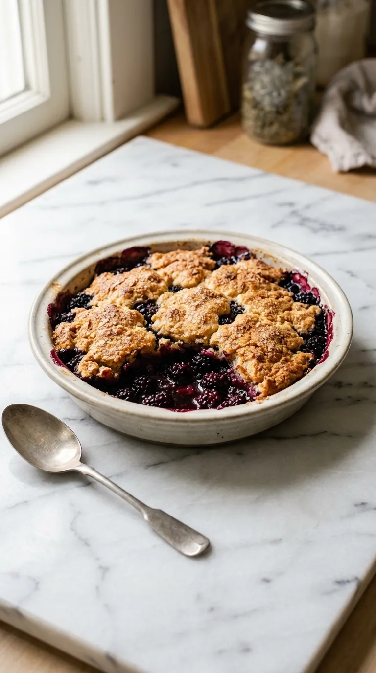 Sweet Blackberry Cobbler with Vanilla Ice Cream served