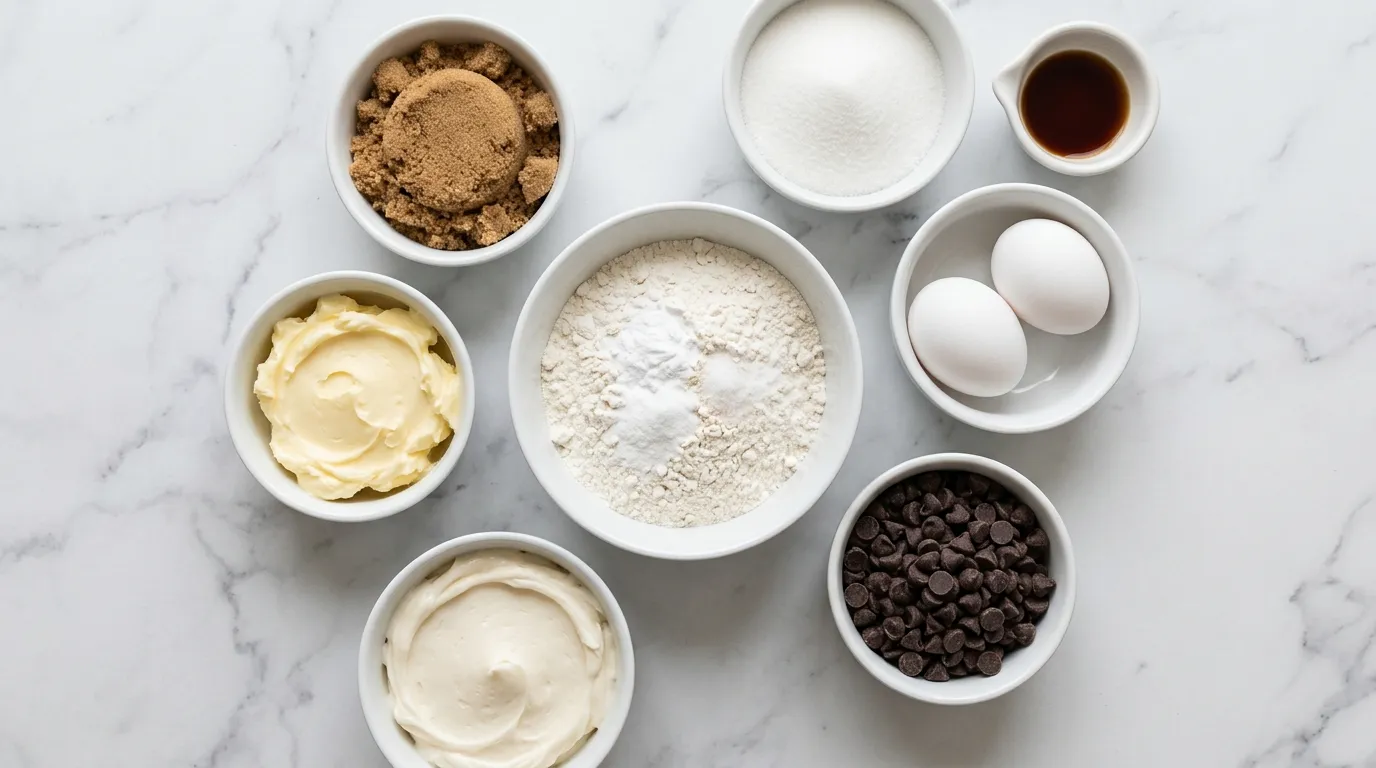 Ingredients for Decadent Chocolate Chip Cookie Cake with Frosting