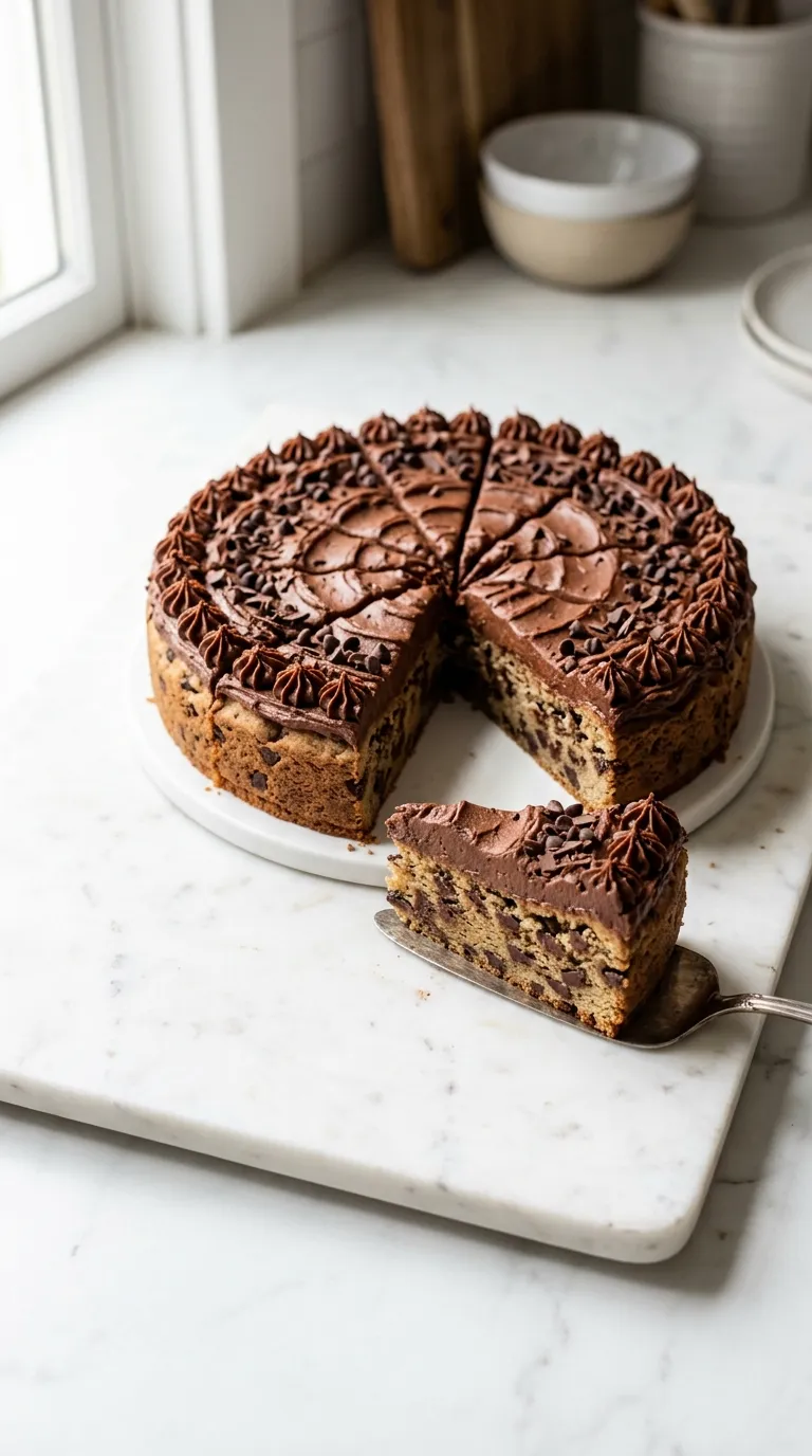Decadent Chocolate Chip Cookie Cake with Frosting served