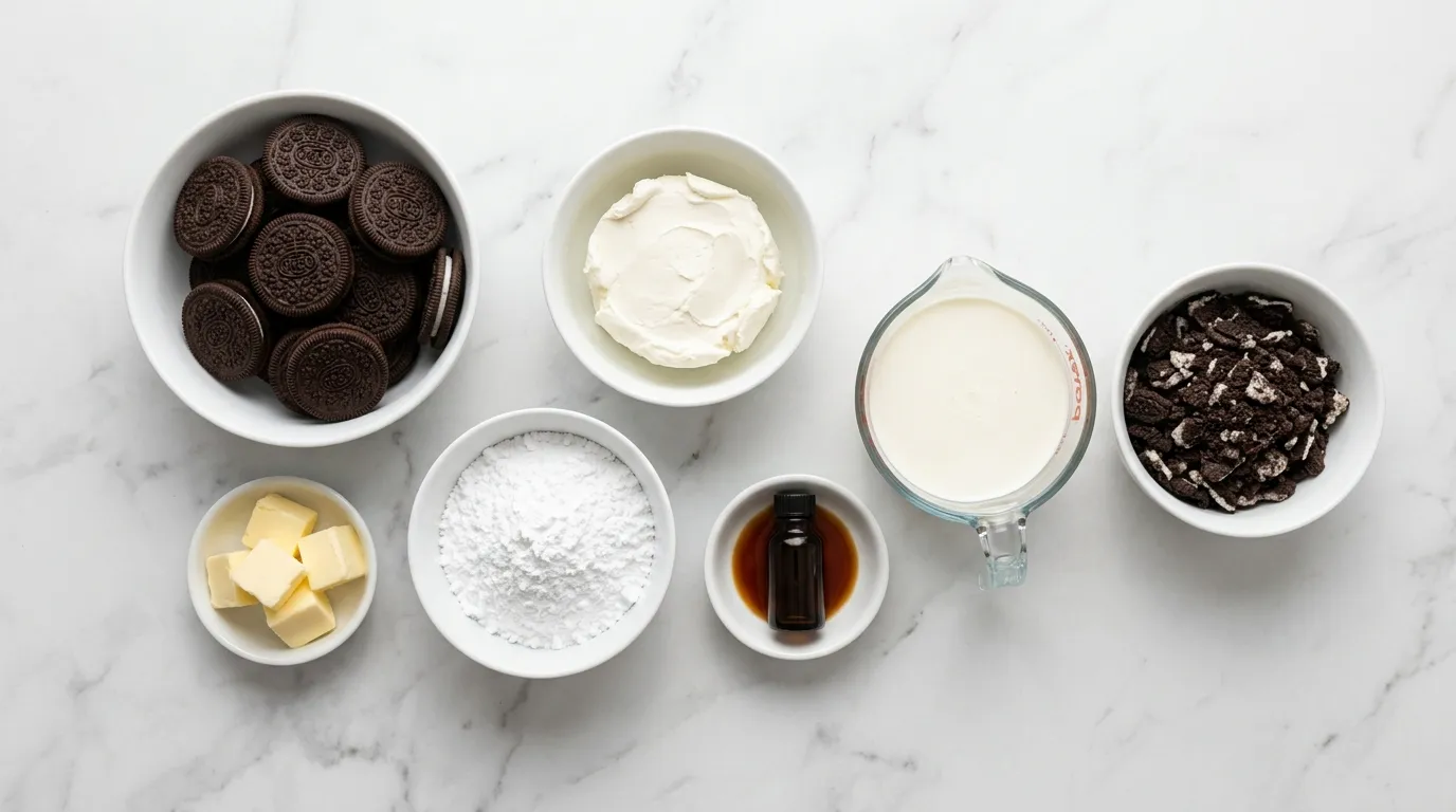 Ingredients for Indulgent No Bake Oreo Cheesecake for Dessert Lovers