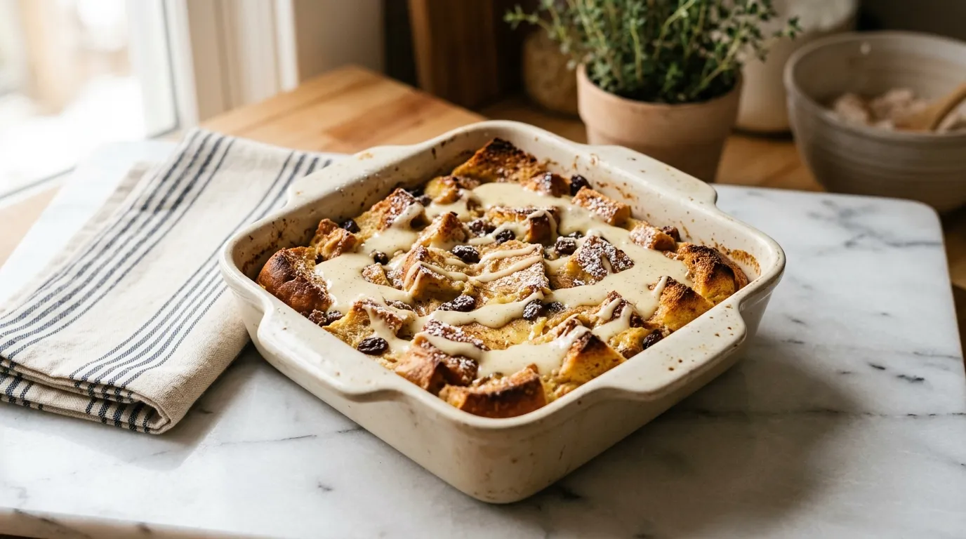 Warm Bread Pudding with Vanilla Sauce for Cozy Nights