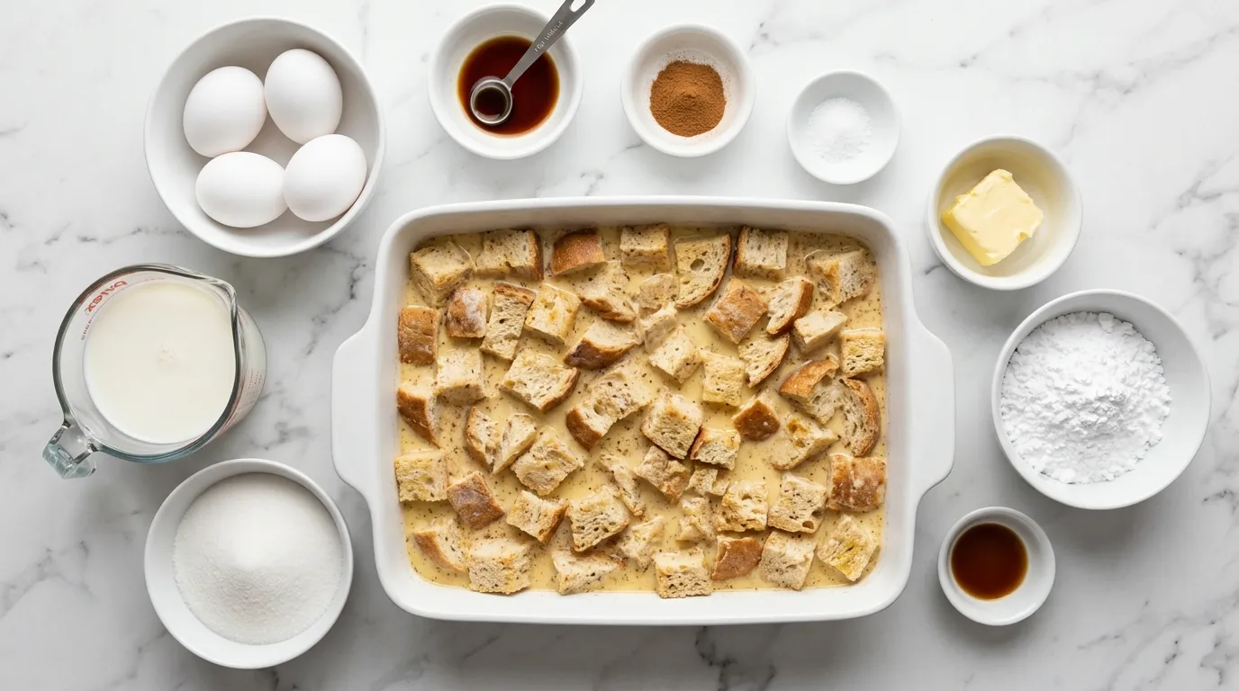 Ingredients for Warm Bread Pudding with Vanilla Sauce for Cozy Nights