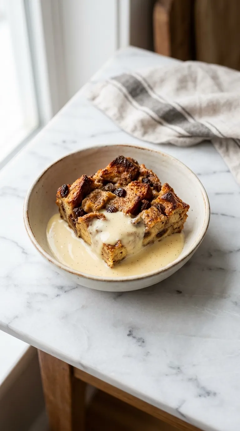 Warm Bread Pudding with Vanilla Sauce for Cozy Nights served