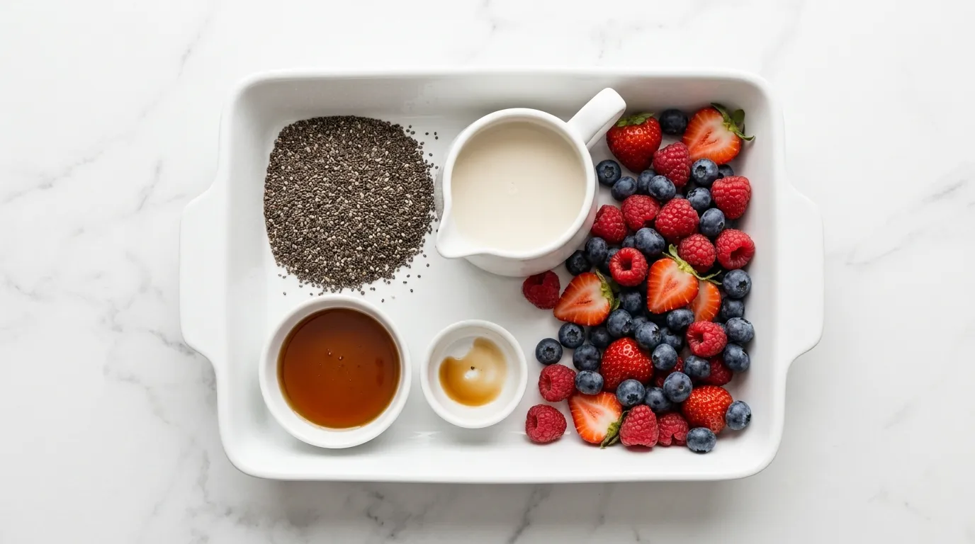 Ingredients for Easy Chia Pudding with Fresh Berries