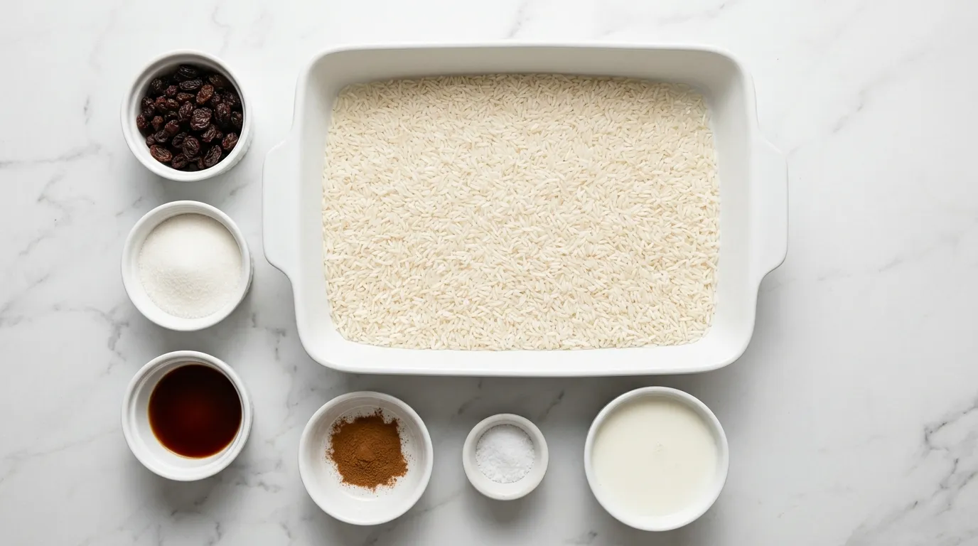 Ingredients for Creamy Rice Pudding with Cinnamon and Raisins