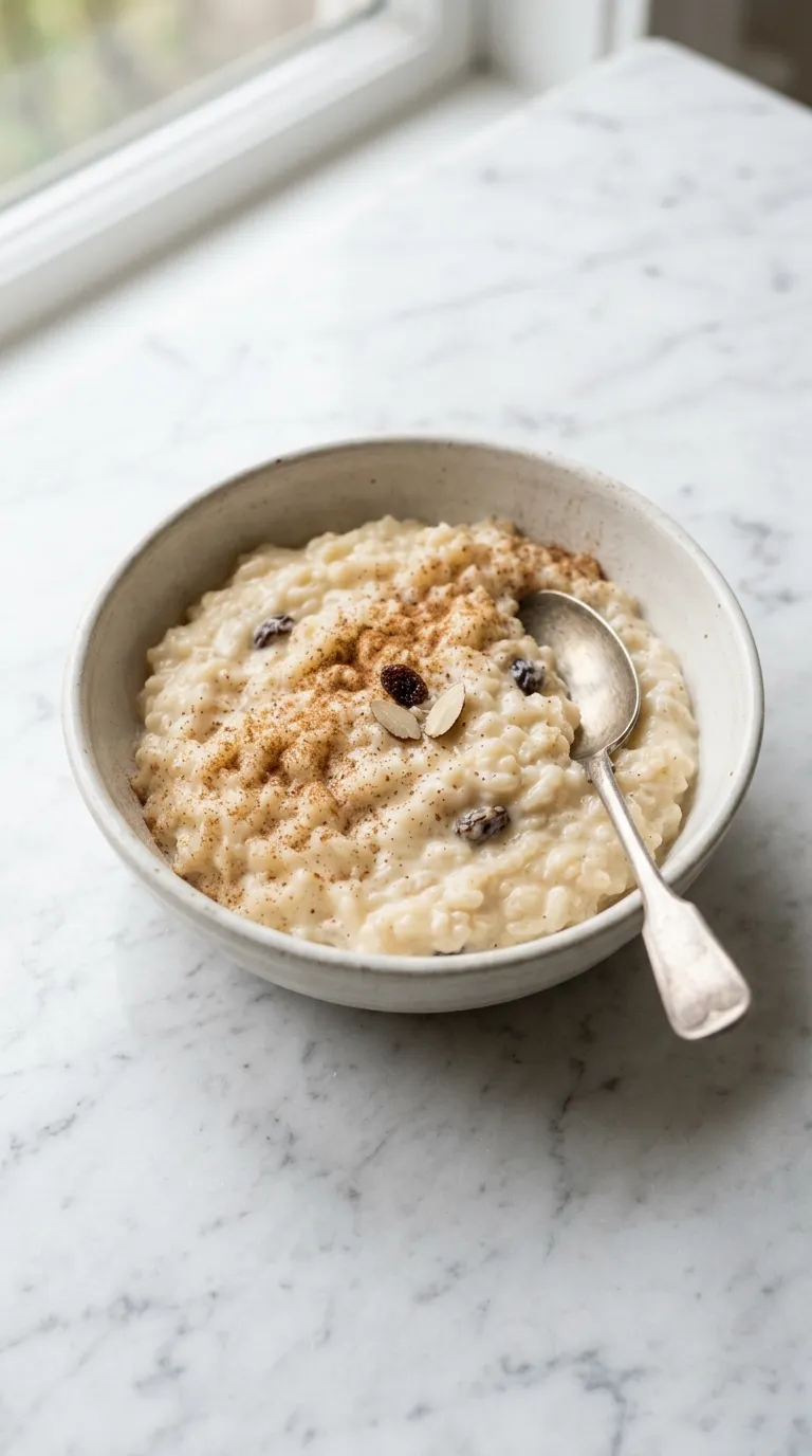 Creamy Rice Pudding with Cinnamon and Raisins served